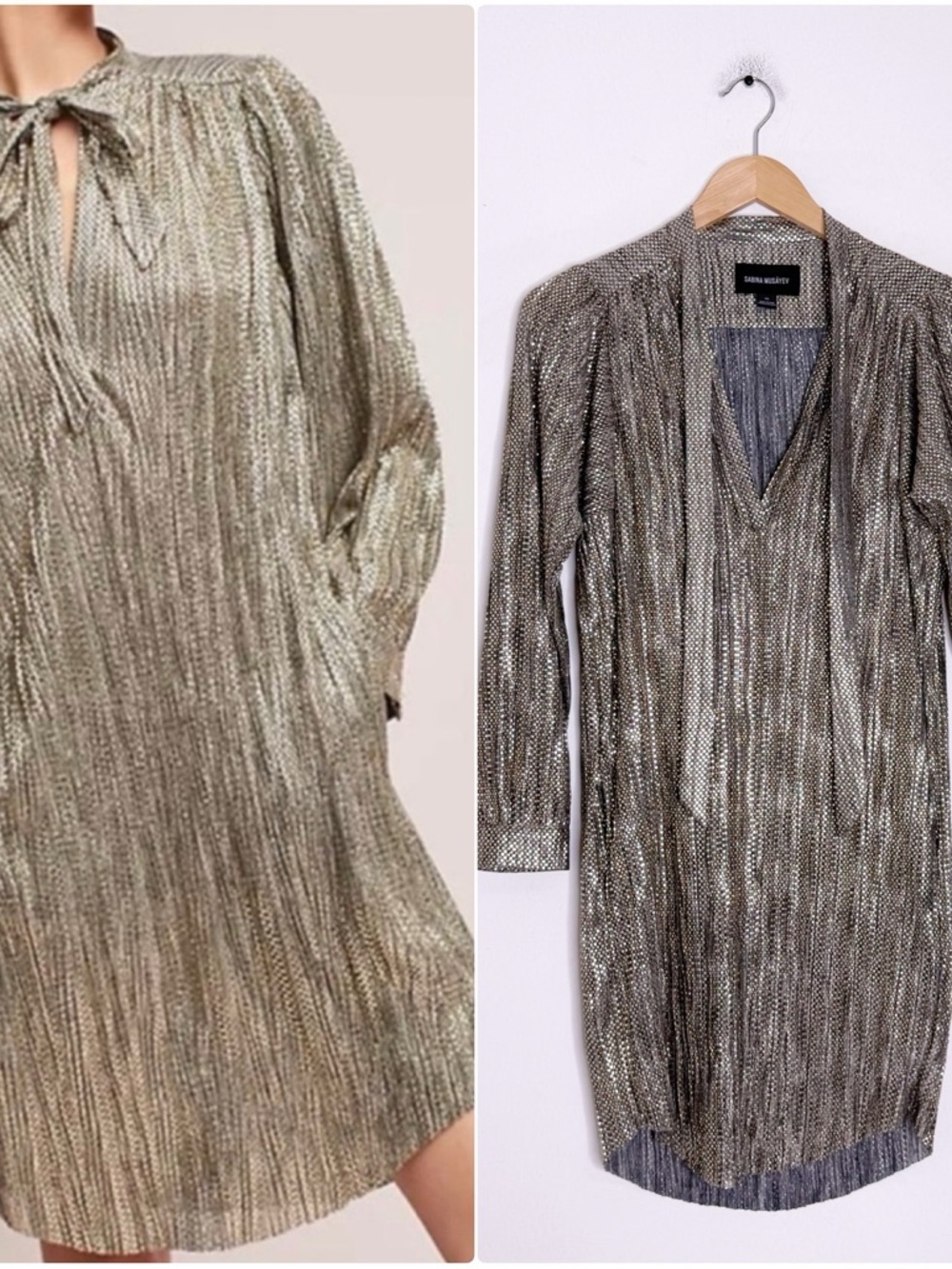Sabina Musayev Eugene Metallic Gold Dress XS Long Sleeve Revolve Anthropologie